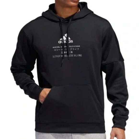 Adidas Hoodie Black White Logo Multilingual Graphic Pullover Sweatshirt Men’s XL - Picture 1 of 13